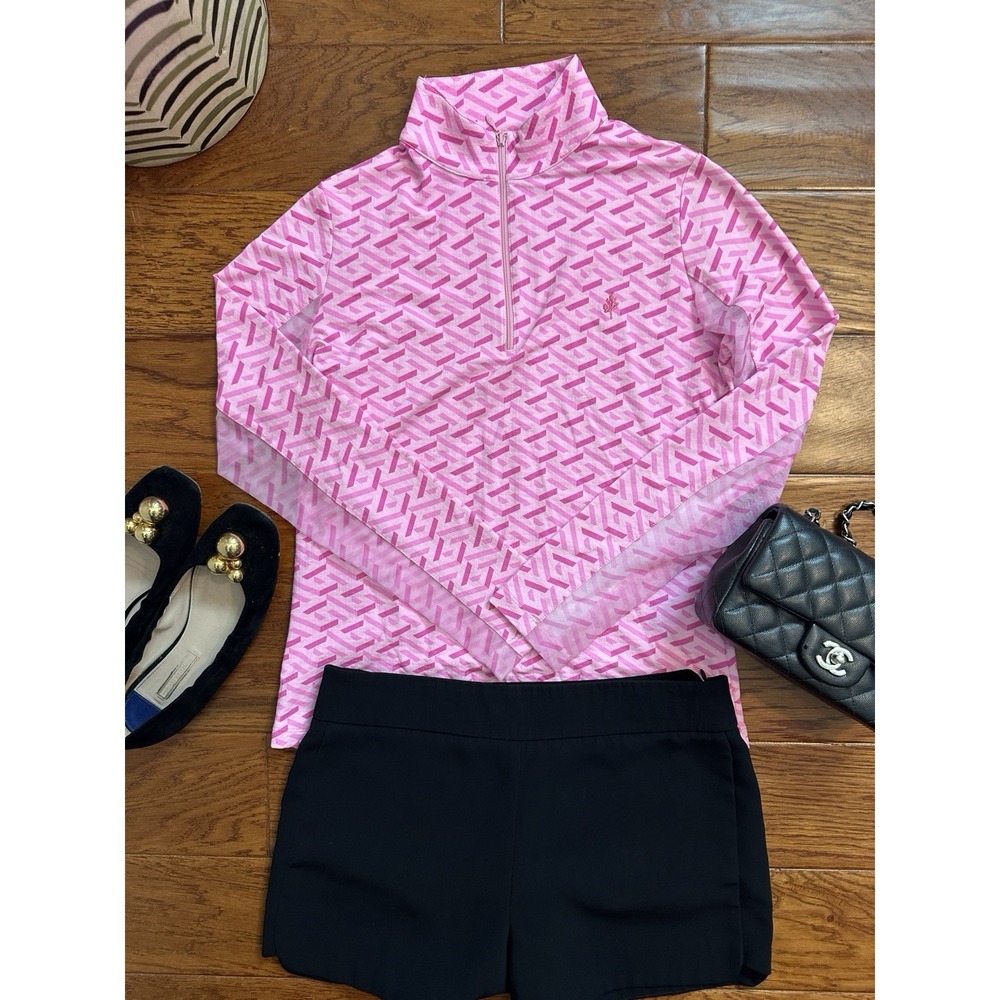 IBKUL Womens XS Pink Geometric Print UPF 50 Long Sleeve 1/4 Zip Golf Tennis Top